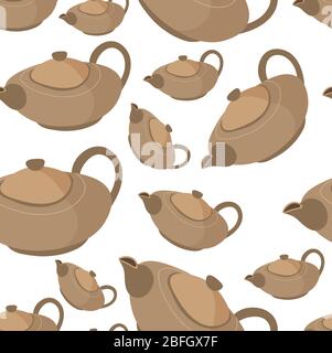 Clay teapot for tea serving, tableware seamless pattern Stock Vector