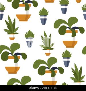 Decorative plant in pot, flower for home office seamless pattern Stock Vector