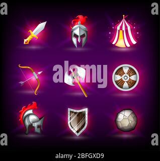 Medieval icons set, knight helmet, roman empire, legionnaires, tent, shield and weapons Stock Vector
