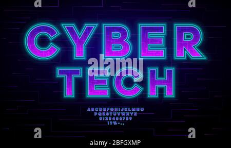 Cyber tech neon vector font. English letters and numbers design for cybersport. Digital hi-tech style symbols. Typography design for headlines, banners, flyers, labels, posters, cover, etc. Stock Vector
