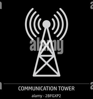 Communication Tower icon illustration on gray background with label Stock Vector