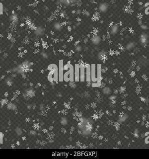 Realistic falling Christmas decoration snowflakes effect isolated on transparent background. Falling snow pattern. Magic white snowfall. EPS 10 Stock Vector