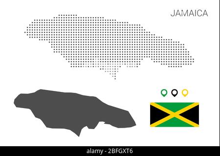 Dotted jamaica map with national flag and map marker. Illustration for technology design or infographics. Isolated on white background. Stock Vector