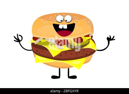 Hamburger character. Double toast. Vector illustration. Fast food. Stock Vector