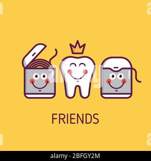 Dental hygiene for child - icons. Illustration about friendship with funny emoticon teeth and floss Stock Vector