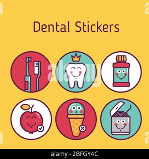 Dental hygiene for child - stickers brushes, teeth, lotion, floss, apple, ice cream Stock Vector