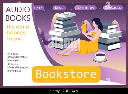 Girl sitting in a pile of books. Template for the site. Landing page. Audiobook concept. Books online.. Stock Vector