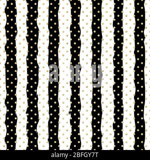 Gold polka dot on trendy background of white and black stripes seamless pattern. Golden foil confetti. Elegant pattern for Christmas background Stock Vector