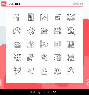 Group of 25 Lines Signs and Symbols for develop, code, listing, website, tool Editable Vector Design Elements Stock Vector