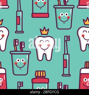 Seamless pattern with dental elements teeth, crown, floss, toothpaste, brush, lotion Stock Vector