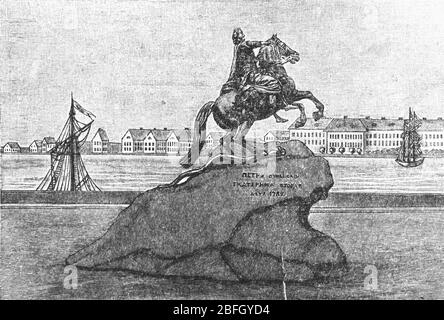 Bronze Horseman, equestrian statue of Peter the Great, Saint Petersburg, 18th century, illustration from book dated 1916 Stock Photo