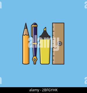 Variety of stationery including pencil, fountain pen, highlighter and ruler vector illustration for Stationery Day on April 29th. Writing instruments Stock Vector