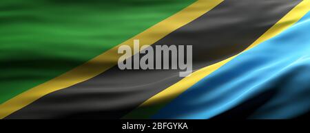 Tanzania sign symbol, national flag waving texture background, language, culture concept, banner. 3d illustration Stock Photo