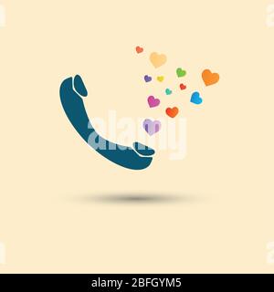 Vector telephone blue handset with bright hearts white background. Stock Vector