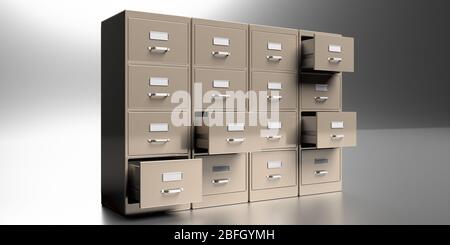 Office filing cabinets with open drawer in a gray wall and floor background. Document data archive storage and business administration concept. 3d ill Stock Photo