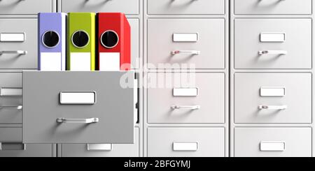 Office file folders in an open cabinet drawer closeup view. Document data archive storage, Business administration concept. 3d illustration Stock Photo