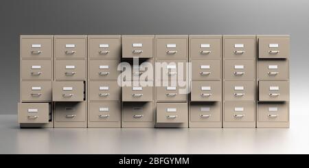 Office filing cabinets with open drawer in a gray wall and floor background. Document data archive storage and business administration concept. 3d ill Stock Photo