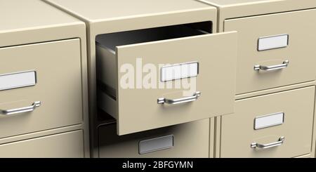 Office filing cabinets with open drawer closeup view. Document data archive storage and business administration concept. 3d illustration Stock Photo