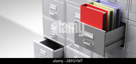 Office file folders in an open cabinet drawer closeup view. Document data archive storage, Business administration concept. 3d illustration Stock Photo