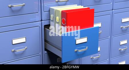 Document data archive storage, office file folders in an open cabinet drawer closeup view. Business administration concept. 3d illustration Stock Photo