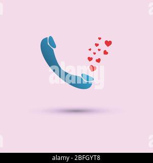 Vector telephone blue handset with bright hearts white background. Stock Vector