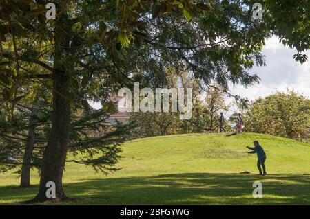 Unaffected by the COVID-19 lockdown, a man practises tai chi at Landcox Park, East Brighton, Melbourne, Australia Stock Photo