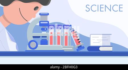 Scientist use microscope to examine blood cell from specimens. Concept science flat vector illustration. Stock Vector