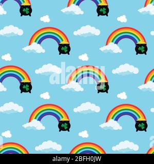 Rainbow icon with pot of gold coins and cloud at the ends isolated on white background. St patrick s day flat design cartoon style sign. Vector illust Stock Vector