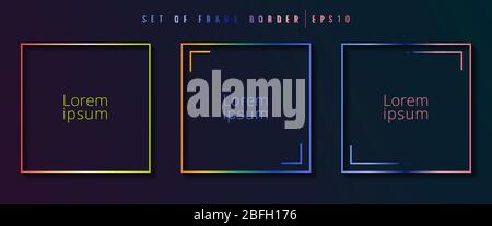 Set of gradient square border frame vibrant color on dark background. Graphic element geometric shape. Vector illustration Stock Vector