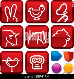 Vector illustration. Set of animal icons on square buttons. Geometric style. Stock Vector