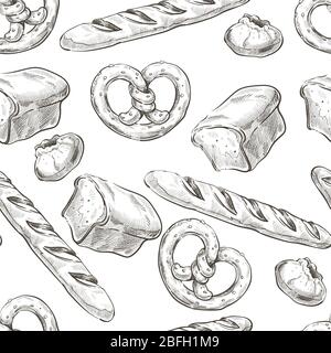 Bakery shop assortment, pretzels and bread seamless pattern Stock Vector