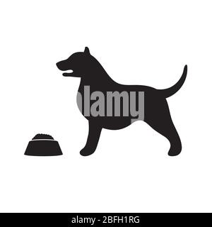 The dog silhouette icon stands at the bowl on a white isolated background. Vector image Stock Vector