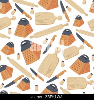 Cooking utensils and cookery, knife and rolling pin seamless pattern Stock Vector