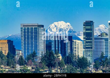 High Rise Buildings City Center Snow Capped Cascade Mountains Bellevue Washington Stock Photo