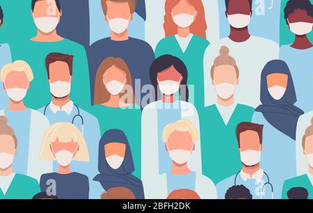 Doctors, nurses, healthcare workers, medical staff. Vector seamless pattern in flat style with people of different nationalities in medical masks Stock Vector