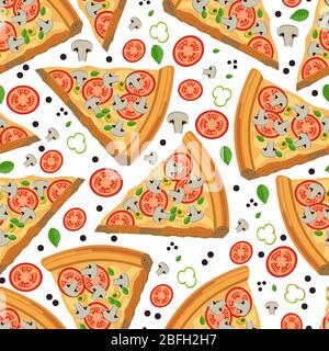 Pizza slices with tomatoes and mushrooms seamless pattern Stock Vector