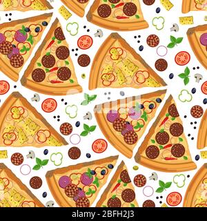 Pizza slices with salami and vegetables seamless pattern Stock Vector
