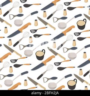 Kitchen tools, utensils and cups for beverages seamless pattern Stock Vector