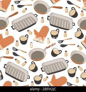 Cookware for preparing food, utensils and pans seamless pattern Stock Vector