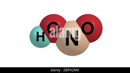 Nitrous acid or HNO2 is a weak and monobasic acid known only in solution and in the form of nitrite salts. Stock Photo