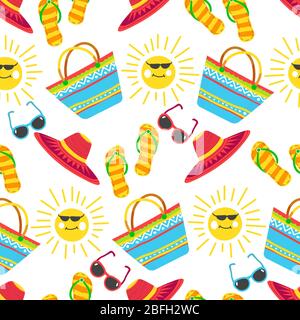 Summer vacation seamless pattern, accessories and sunshine vector Stock Vector