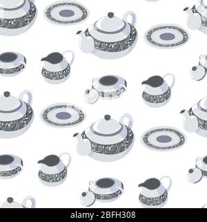 Classic tableware set, saucer with plate and teapot seamless pattern Stock Vector