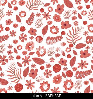 Blooming flowers and foliage, tree leaves seamless pattern Stock Vector