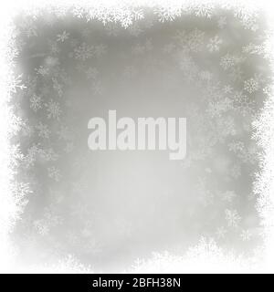 Falling snow flakes on a blurry gray background. EPS 10 Stock Vector