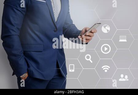 Business man using phone, cyber security concept Stock Photo