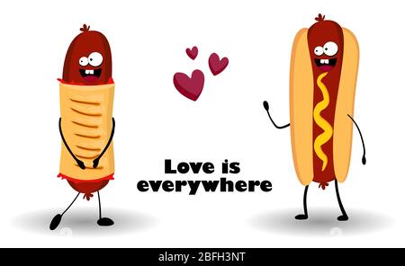 Funny hot dog. Hot dog. Cute fast food vector character set isolated on white.. Stock Vector