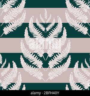 Fern leaves vector seamless pattern background. Stylized forest plant frond on striped black pink backdrop. Hand drawn botanical foliage design Stock Vector