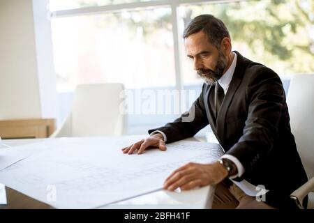 Handsome architect checking plans and blueprints in the office Stock Photo