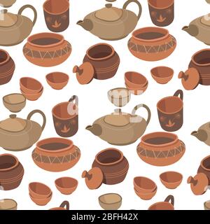 Tableware made of clay, handmade pottery seamless pattern Stock Vector