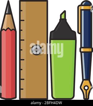 Variety of stationery including pencil, fountain pen, highlighter and ruler isolated vector illustration for Stationery Day on April 29th. Writing ins Stock Vector